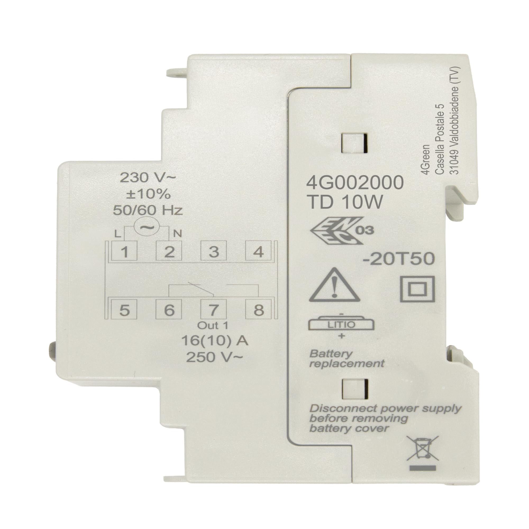 4GREEN TD 10W - Digitale Zeitschaltuhr für Hutschiene 2 TE, Wochenprogramm, LCD-Display mit Hintergrundbeleuchtung, 16A Relais, automatische Zeitumstellung Sommer/Winter, Weiß