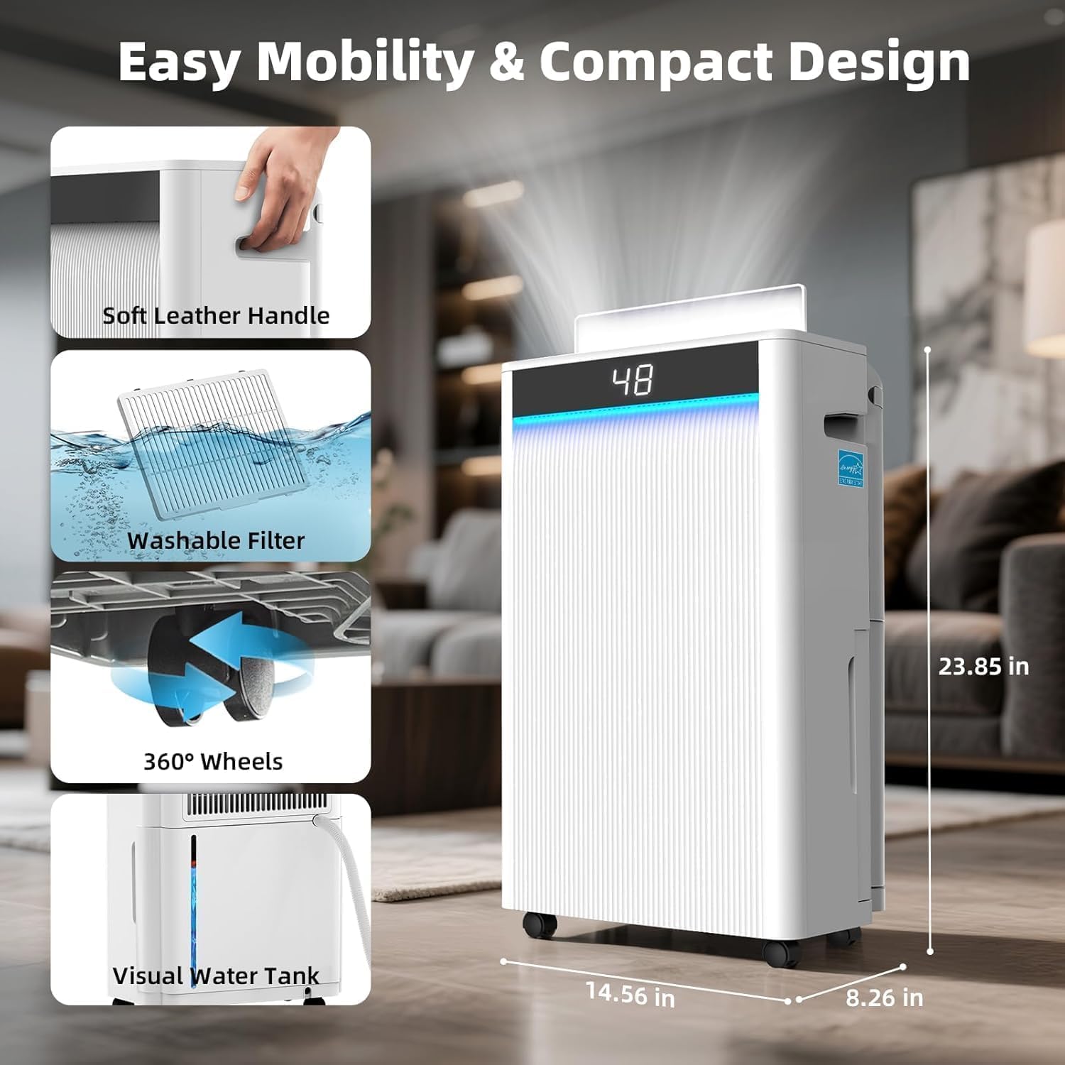 KeepGlad - Deumidificatore Energy Star da 80 pinte, 5.000 piedi quadrati, per tutta la casa e la cantina, deumidificatore a compressore con tubo di drenaggio, controllo avanzato dell'umidità e