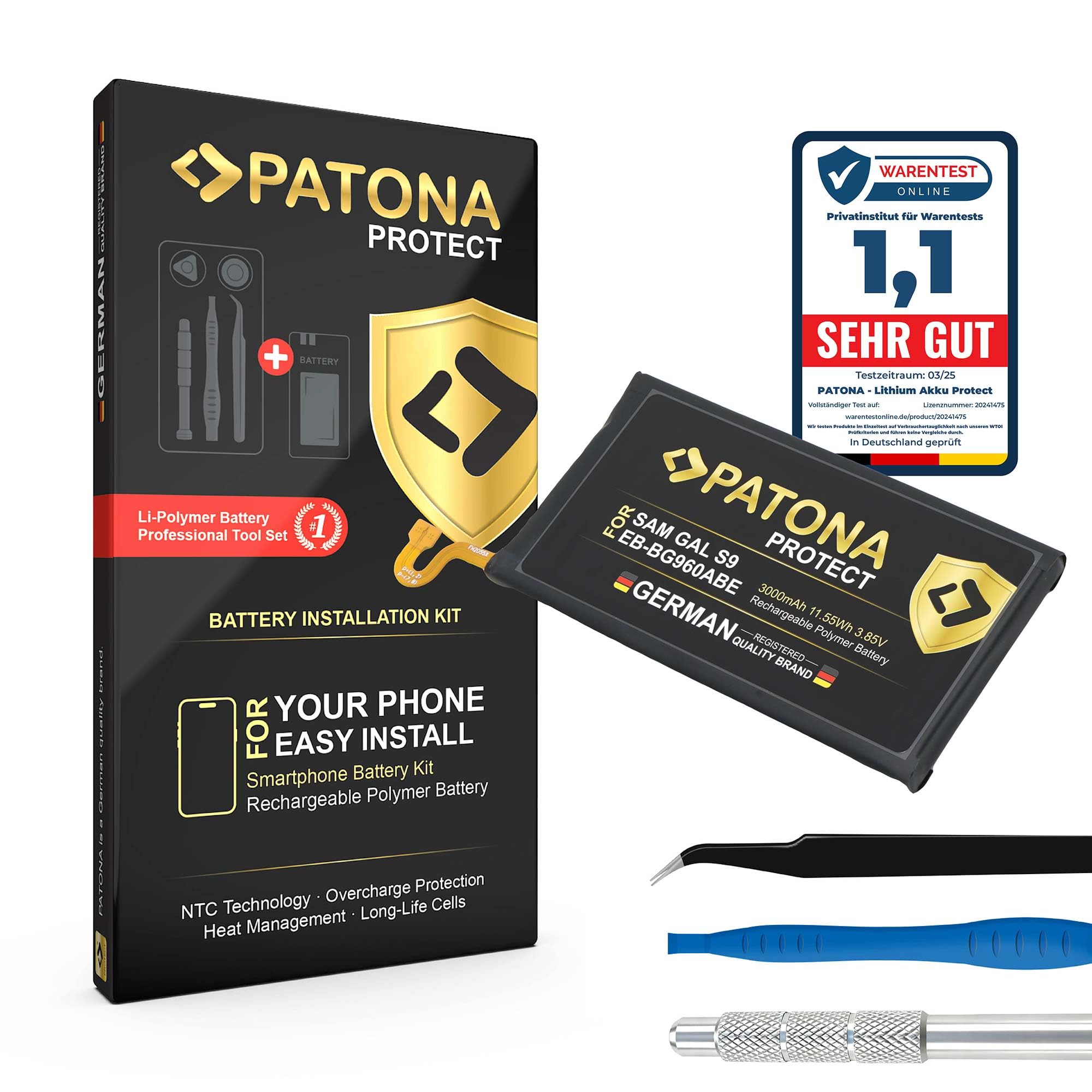 PATONA Protect Akumulator do Samsung Galaxy S9 EB-BG960ABE SM-G960F | Akumulator do smartfona S9 Duos, 3000mAh, z ochrona NTC, ochroną przed prze- i rozładowaniem, zestaw montażowy
