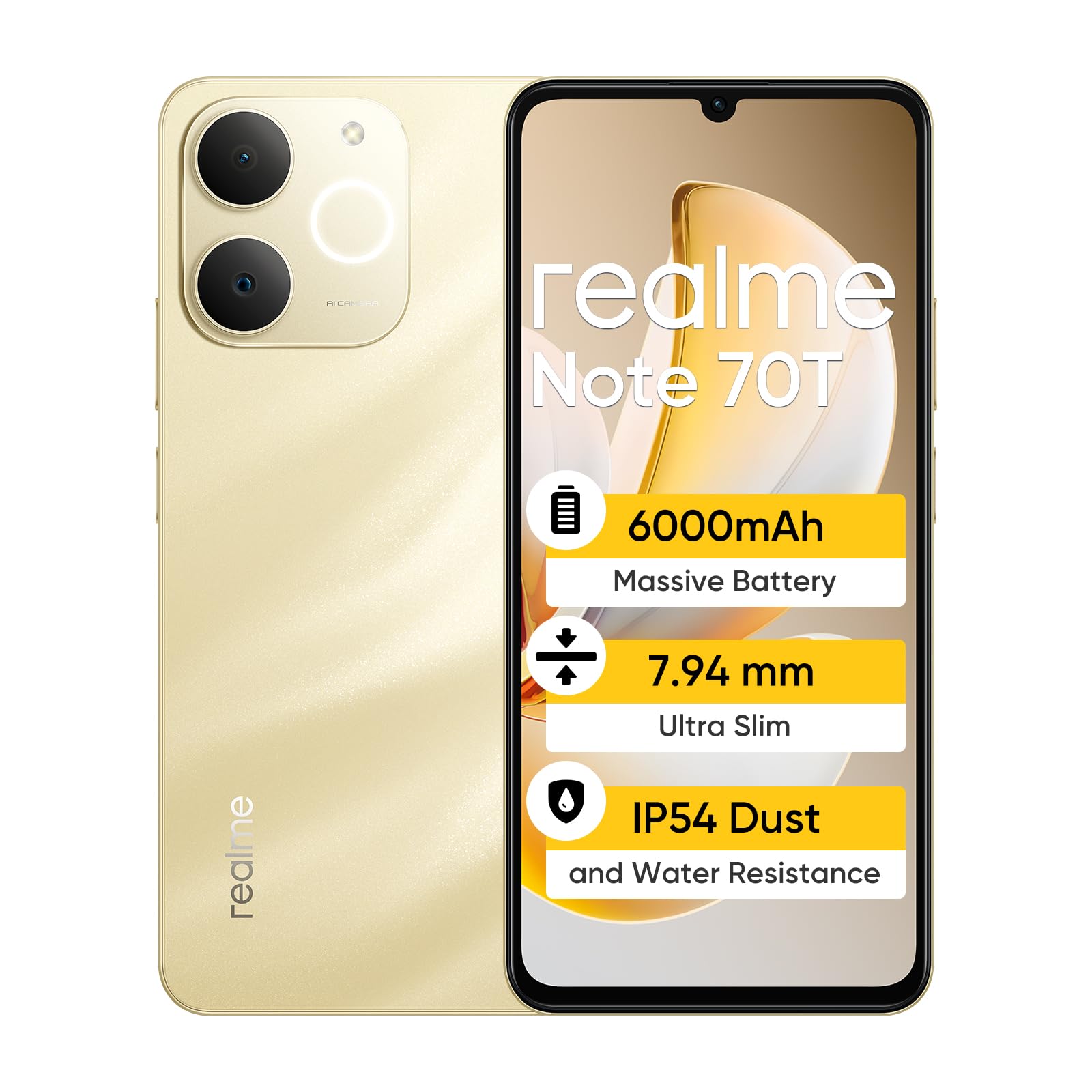 realme Note 70T Smartphone 4+256GB,Batteria di grande capacità 6000mAh,schermo 90Hz,comfort oculare,chipset UNlSOc T7250,IP54,Oro
