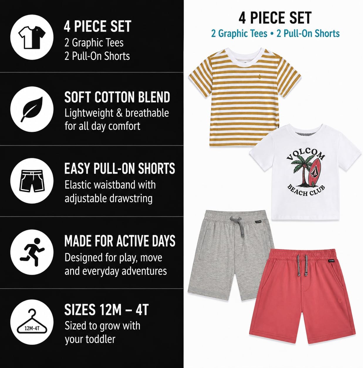 Volcom Baby Boys Shorts Set - 4 Piece Soft Cotton Blend Graphic Short Sleeve T Shirts and Boys Shorts for Infant and Toddler