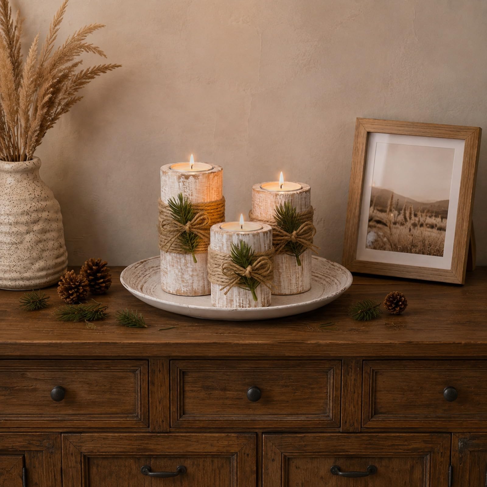 AceOrbit Portavelas de madera de pino rústico para decoración de mesa de granja, decoración rústica de invierno para cocina, comedor, oficina en casa