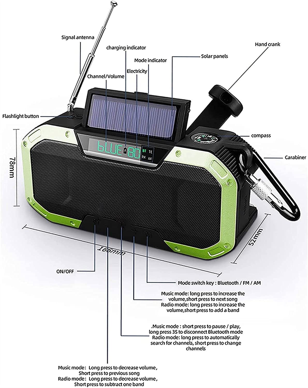 Radio d'urgence étanche,Radio-Rayon Solaire Portable 5000MAh avec Haut-Parleur Bluetooth,Am/FM NOAA Radio de Diffusion d'urgence avec Chargeur de téléphone Portable