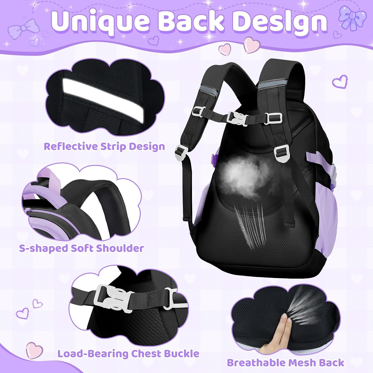 5pc Cute Girls Backpack with Lunch Box Set, Black Kawaii Aesthetic Bookbag, Kids School Backpack for Teen & Elementary