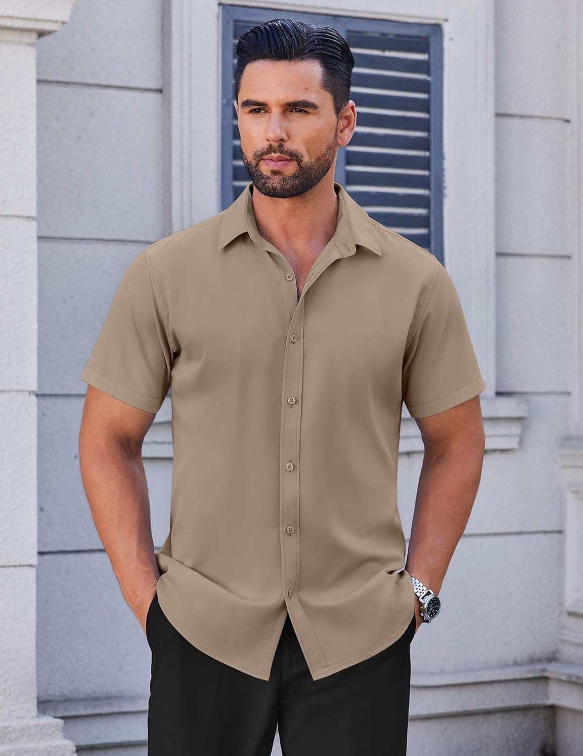 COOFANDY Men's Short Sleeve Dress Shirts Stretch Wrinke Free Untucked Casual Button Down Shirt - Image 2
