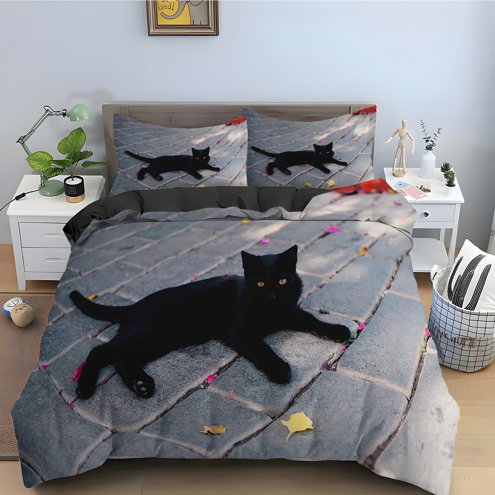 Ensemble de literie 3 pièces chat noir 90x190 en tissu microfibre premium fini main