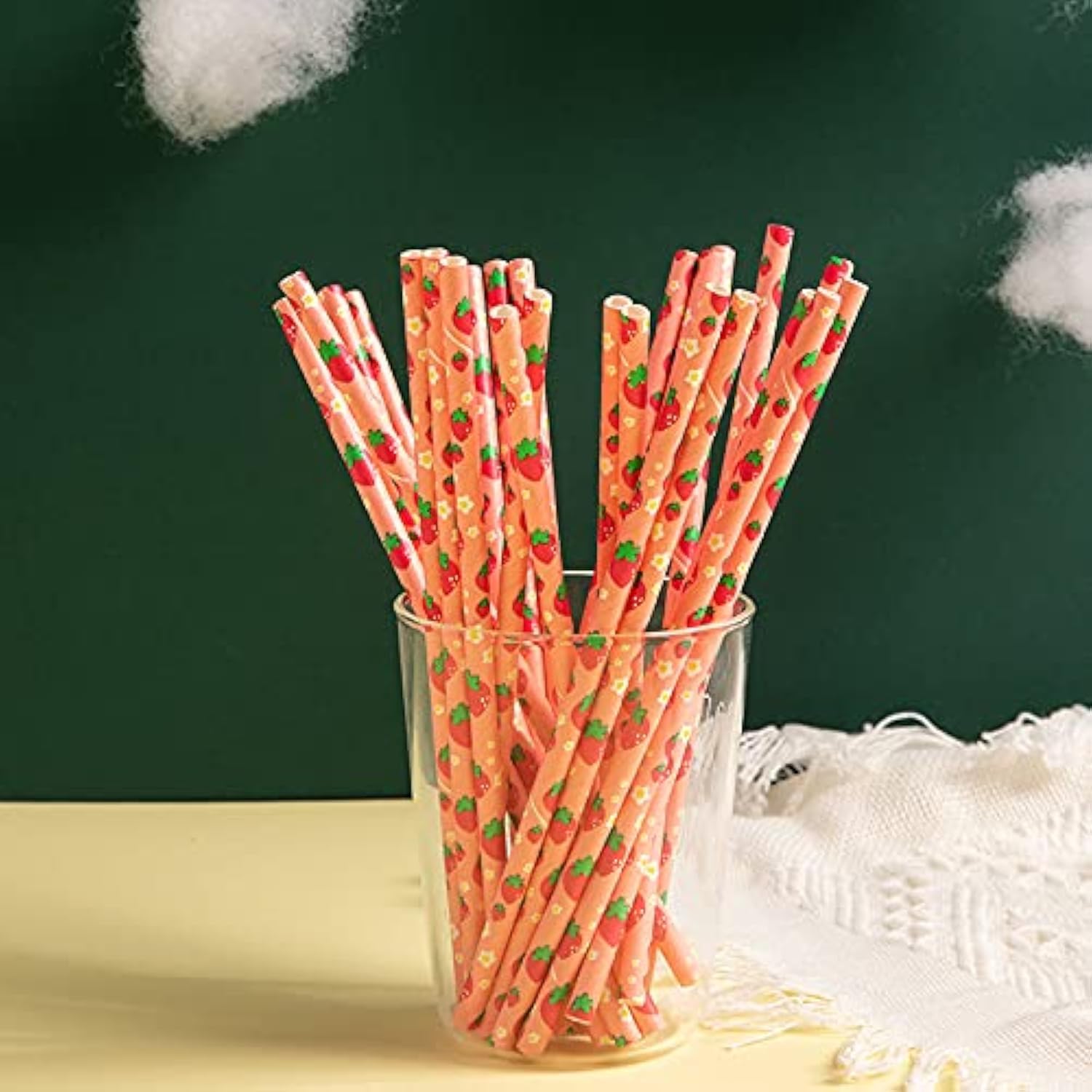 Lonyun [25 Count ] 100% Eco Friendly Paper Straws,Great for Party and also can be used for cake pops,Tall 7.87'' (Fruit series-Strawberry)