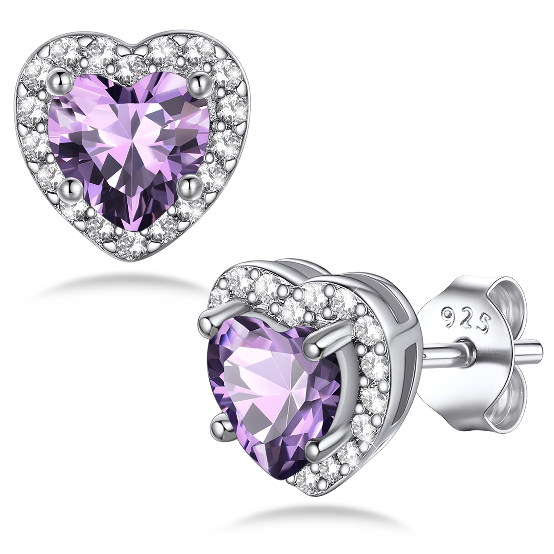 Bestyle Sparkling 925 Sterling Silver Birthstone Stud Earrings for Women, Heart/Round/Teardrop/Square Solitaire Diamond Studs Earrings, Great Birthday/Christmas Gifts