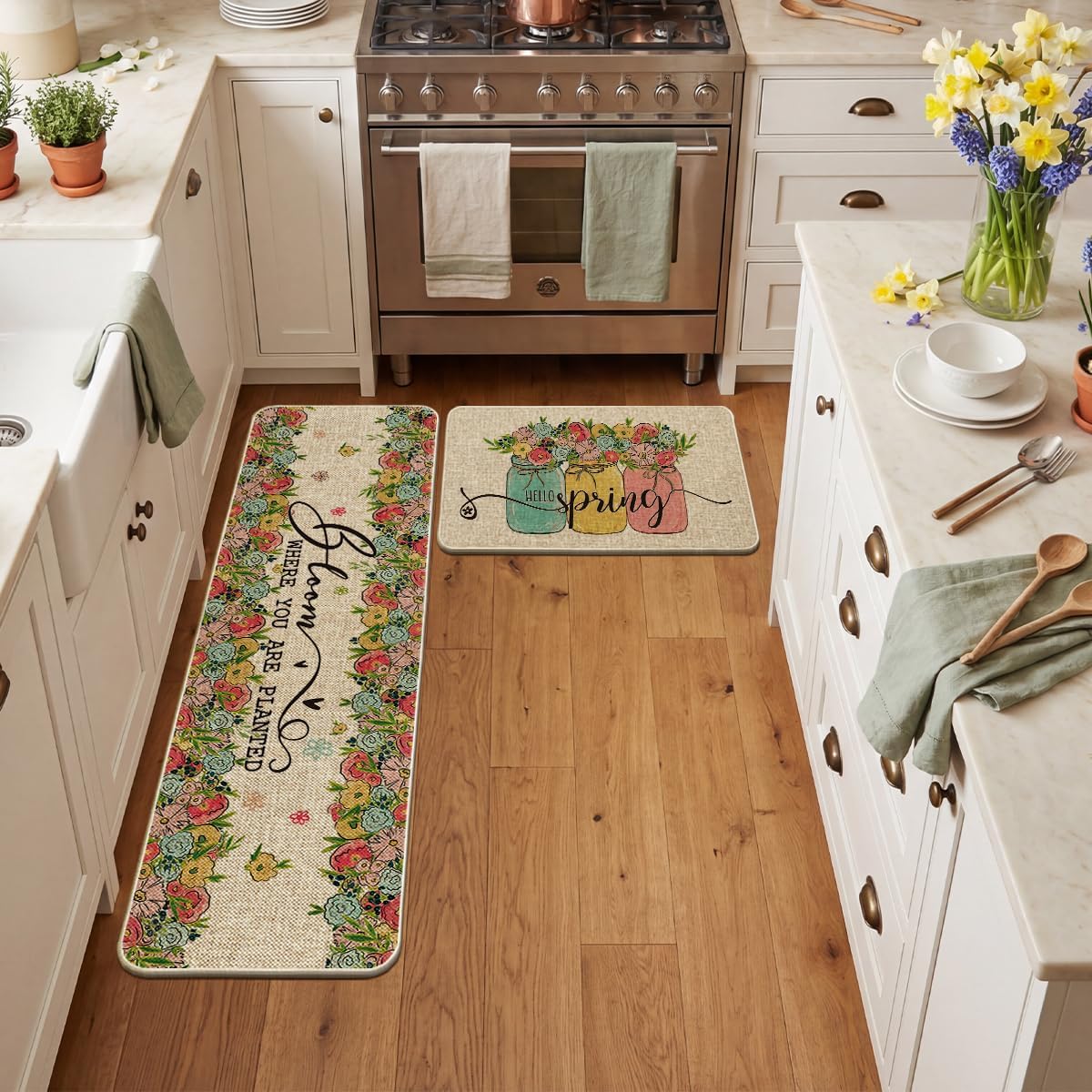 Artoid Mode Vases Flowers Hello Spring Kitchen Mats Set of 2, Home Decor Low-Profile Kitchen Rugs for Floor - 17x29 and 17x59 Inch