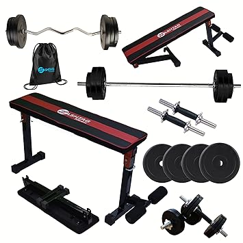 HASHTAG FITNESS Dumbles 30KG Rubber Gym Equipment for Men Fitness Equipment with Adjustable Gym Bench Press (Flat, Black, Red & Silver)