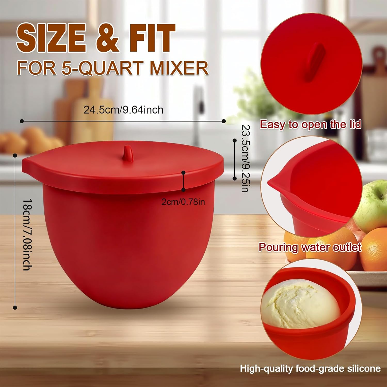 Silicone Bowl Liners for Kitchenaid 5 Qt, 3-Pack Thick Mixing Bowl Liners with Lids, BPA-Free Silicone Bowl Insert, Dishwasher & Microwave Safe, Ideal for Dough Mixing, Batter & Meal Prep