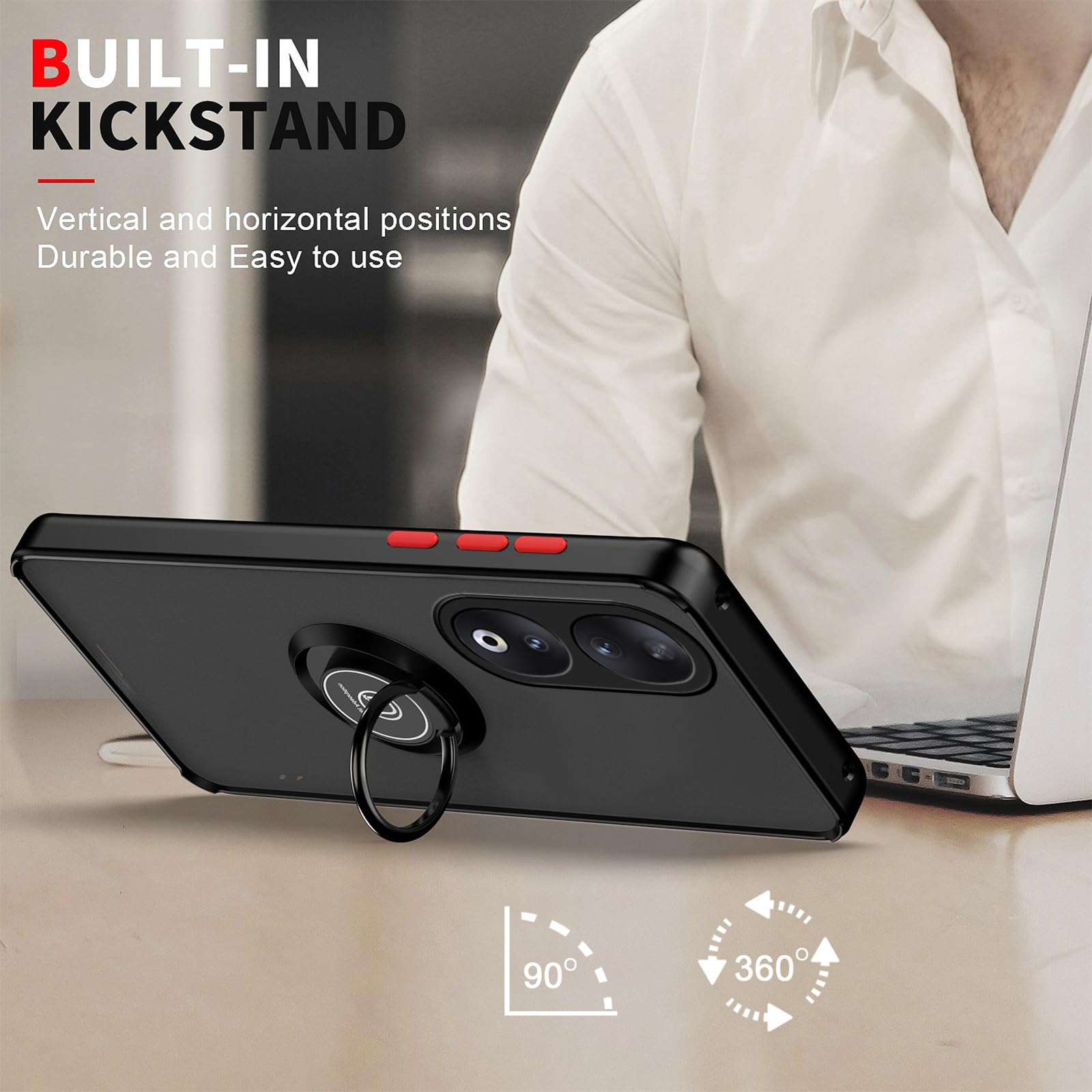 WBWONE Cover per Honor 90 Lite, TPU Silicone e PC Antiurto Custodia con Girevole Anello, Traslucido Glassato Anti-impronta Protettiva Case, Nero
