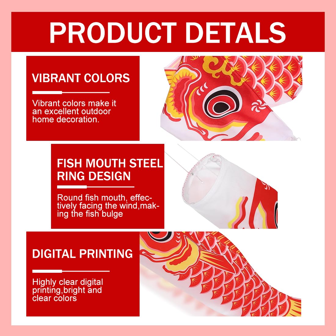 1 paquete de 70 cm de manga de viento de carpa colorida para jardín, serpentina de carpa de molino de viento, decoración colgante de paraguas, serpentina de carpa, bandera de jardín japonesa (rojo)
