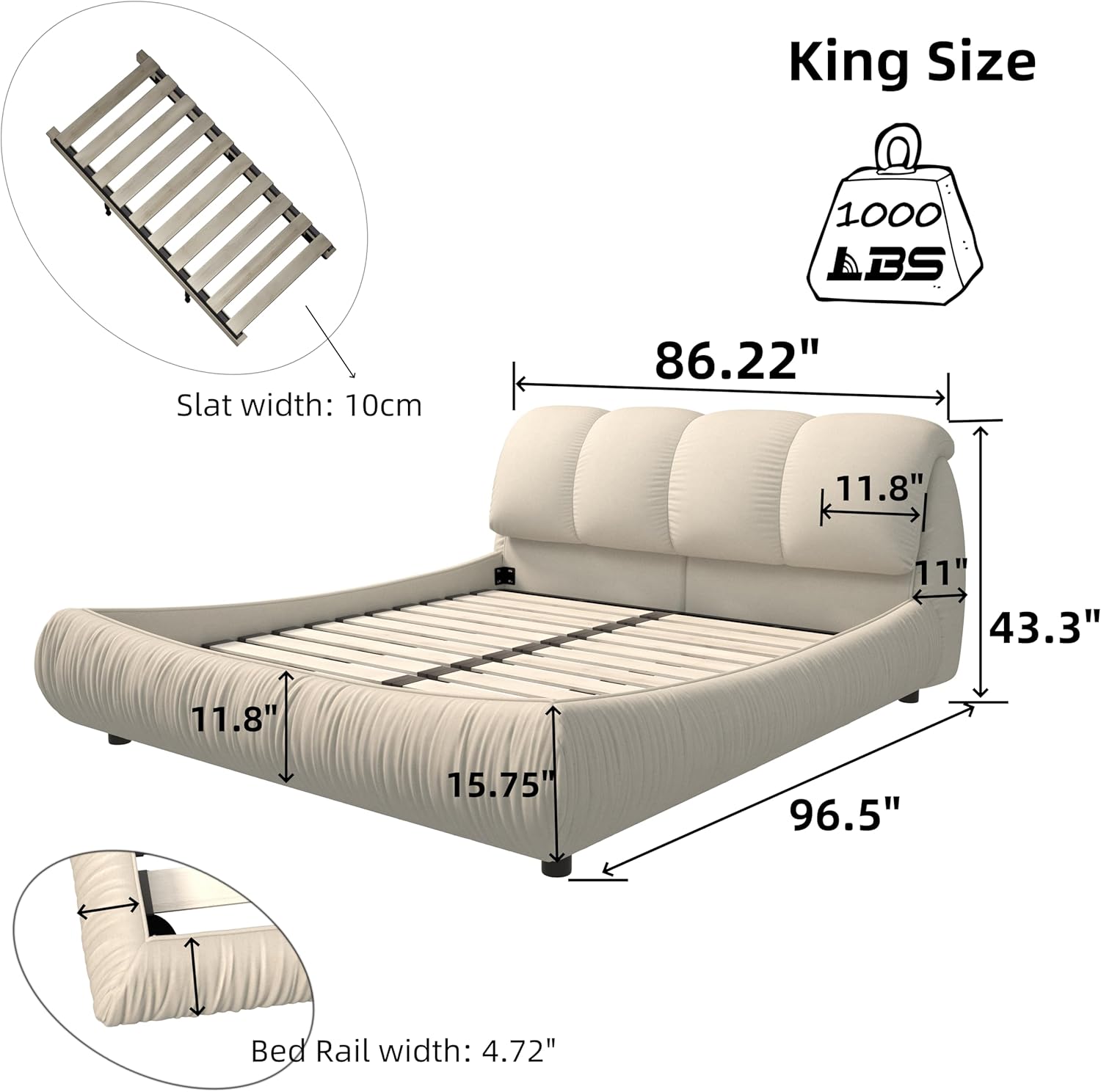 Modern Luxury King Size Bed Frame with Oversized Thick Headboard, Upholstered Sleigh Bed Frame with Wooden Slats Support Oversized Padded Backrest for Bedroom, No Box Spring Needed (Beige)