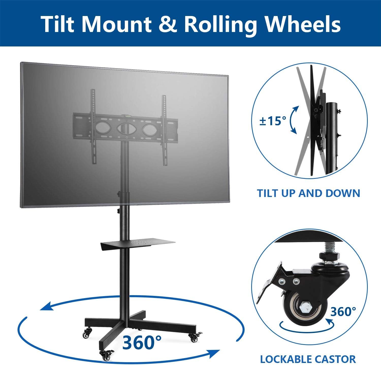 Rfiver Universal Mobile TV Cart for 32-60 inch Flat Screen TVs up to 88lbs, Portable Rolling TV Stand with Tilt Mount and Locking Wheels, Black Floor/Outdoor TV Stand with Shelf, Max VESA 600x400mm : Office Products