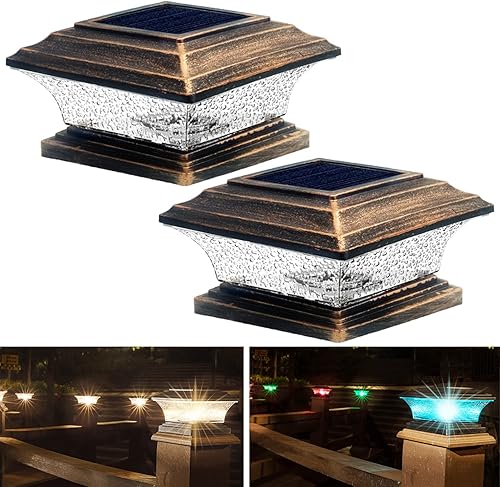 HUYIENO Luces solares para postes de iluminación LED para exteriores, cubierta de valla, dos modos de luz, blanco cálido7 RGB LED que cambian de