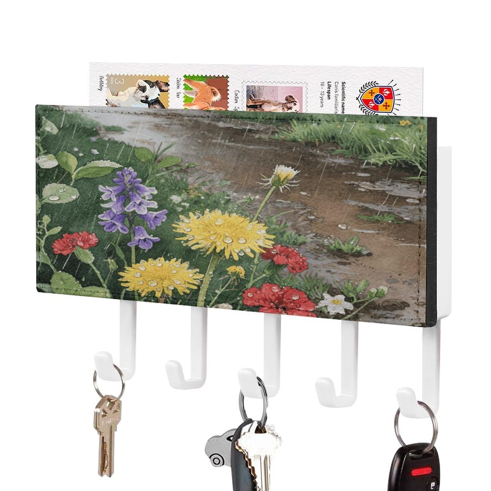 Soporte para llaves de pared con 5 ganchos y estante de metal adhesivo para organizar recibidores