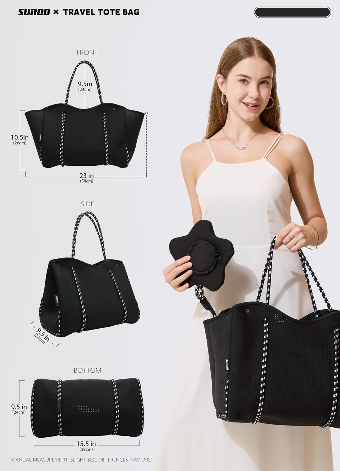 Neoprene Tote Bag for Women, Large Travel Beach Bag with Detachable Pouch, Stylish Lightweight Everyday Carryall - Image 3