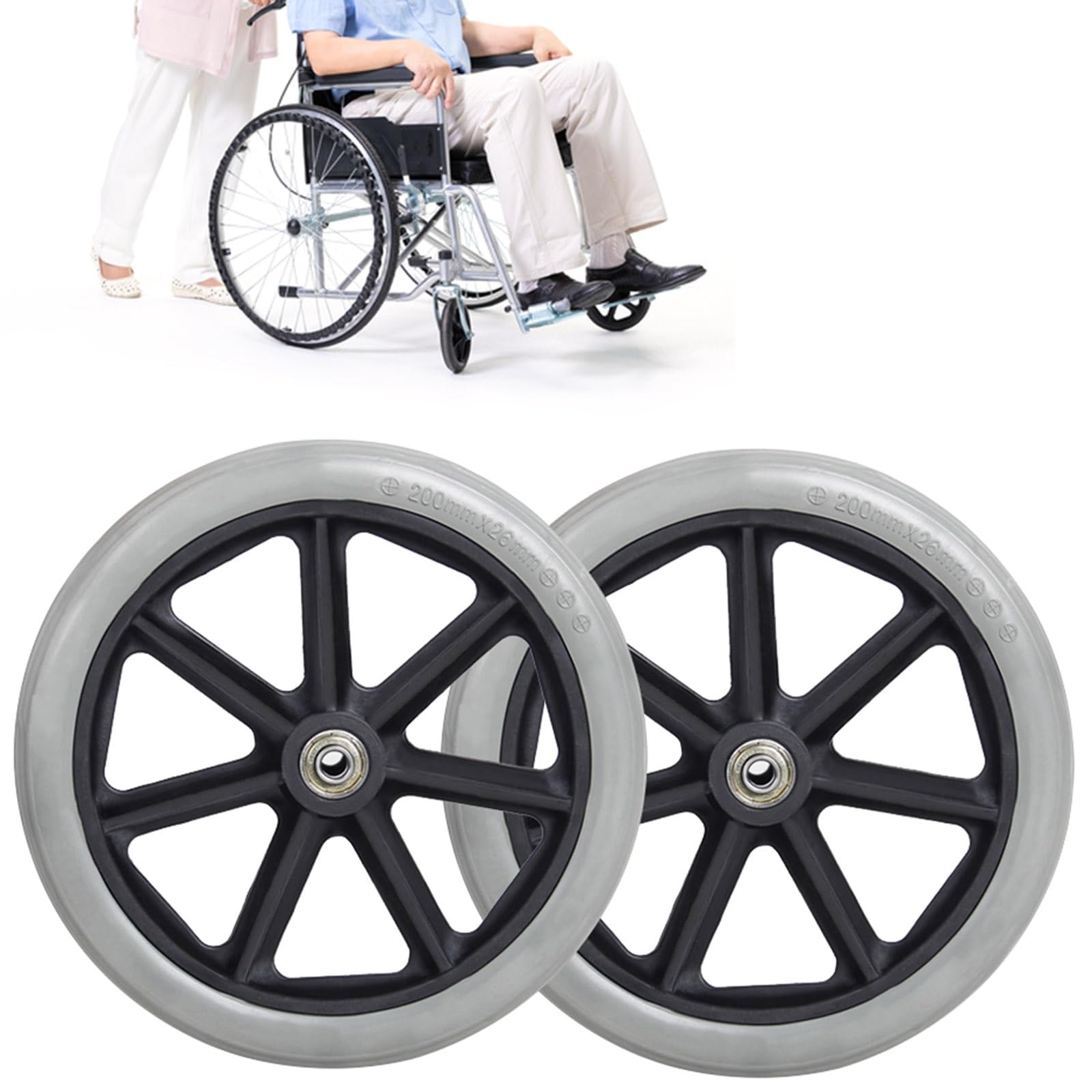 WORDFUN Front Wheelchair Wheel, 6"/7"/8" Wheel Replacement Parts for Wheelchairs, Antislip Solid PVC Wheel, 5/16" (8 Mm) Bearing, Silence, Antiwear, Front Wheel Tires for Wheelchair