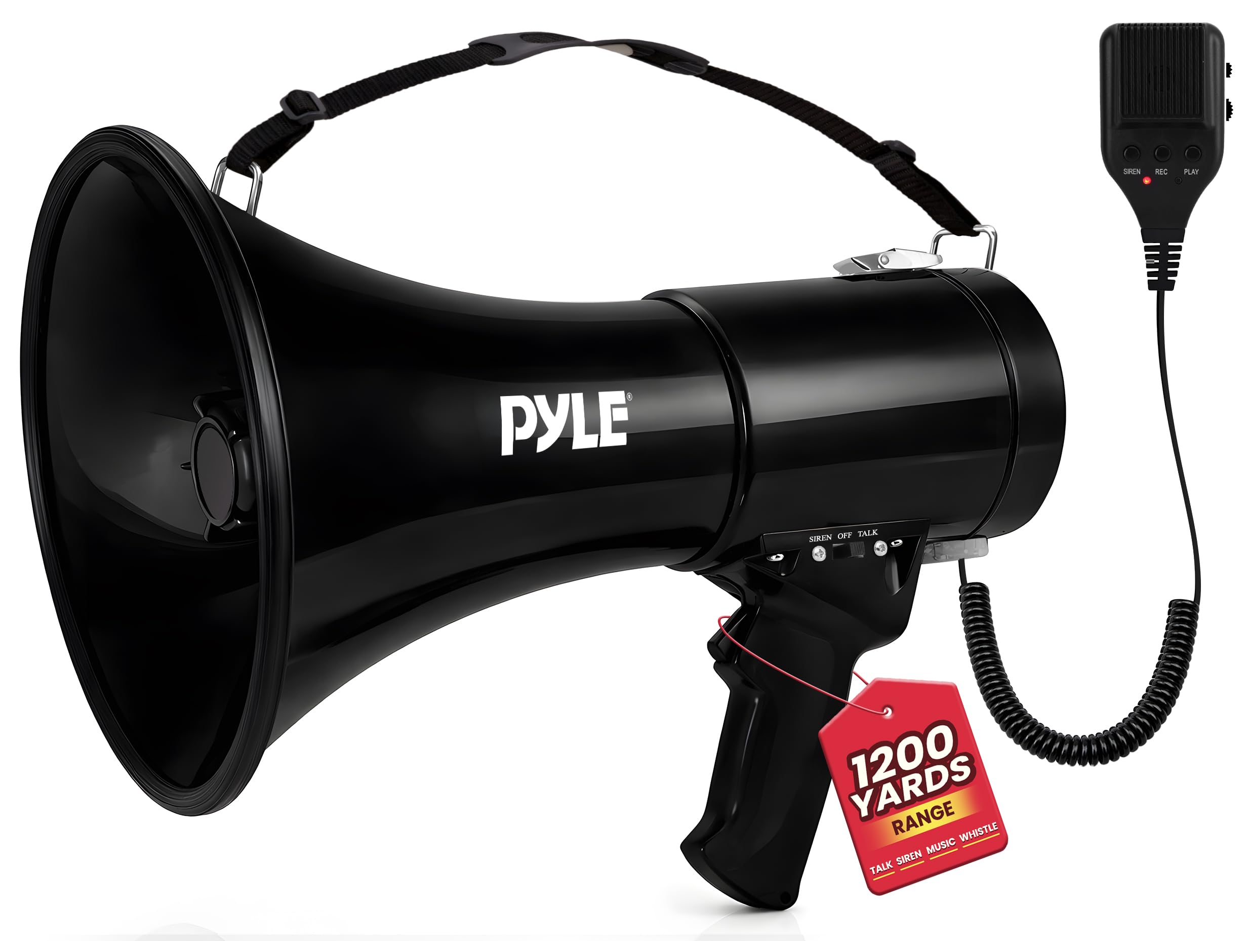 Pyle 50W Megaphone Bullhorn - Portable, Automatic Siren & Adjustable Volume, Projection Range Up to 1200 Square Yards, Aux Input, Talk, Siren, Music, Whistle, & Record, Shoulder Strap (Black)