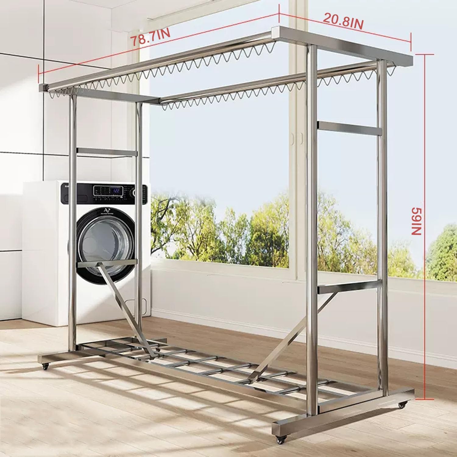 Wäscheständer aus Edelstahl, ausziehbarer Wäscheständer für drinnen und draußen, 78,7 x 20,8 x 59 Zoll (L x B x H)