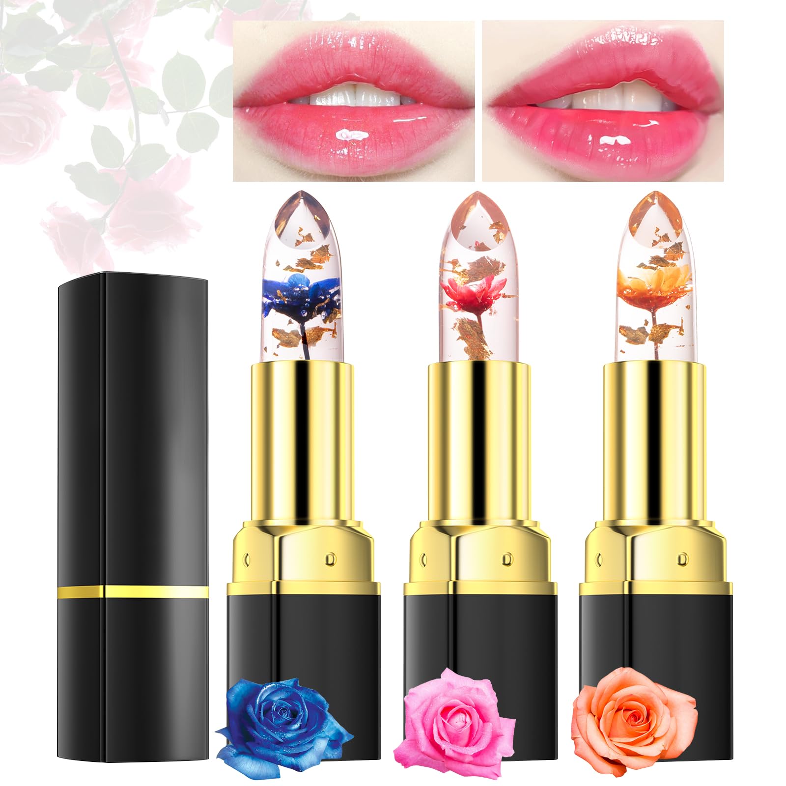 Desing Wish 3 Piezas Pintalabios Magico Labial Cambia Color PH Labiales Flor Barra de Labios Permanente Bálsamo Labial Hidratante Lip Tint Gloss Brillo Labios Lapiz Kit Maquillaje Mujeres Niña Regalo