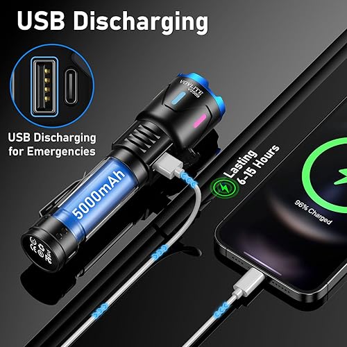 Miniatura 5 de Linternas de alto lúmenes - 100000 lúmenes, recargable 5000mAh con pantalla de alimentación LCD, IPX7 impermeable, 3 modos y zoom (4,921.3 ft), clip