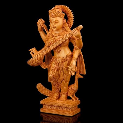 Miniatura 2 de CraftVatika Estatua de la diosa Sarasvati - Madera tallada a mano - Diosa hindú Saraswati escultura de música y conocimiento Saraswati tocando las