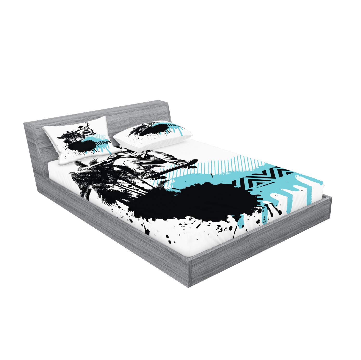Ambesonne Grunge Fitted Sheet & Pillow Sham Set, Young Boy Skater Jumping Exotic Sports Theme Motley Skateboarding Illustration, Decorative Printed 3 Piece Bedding Decor Set, Calking, Black Pale Blue