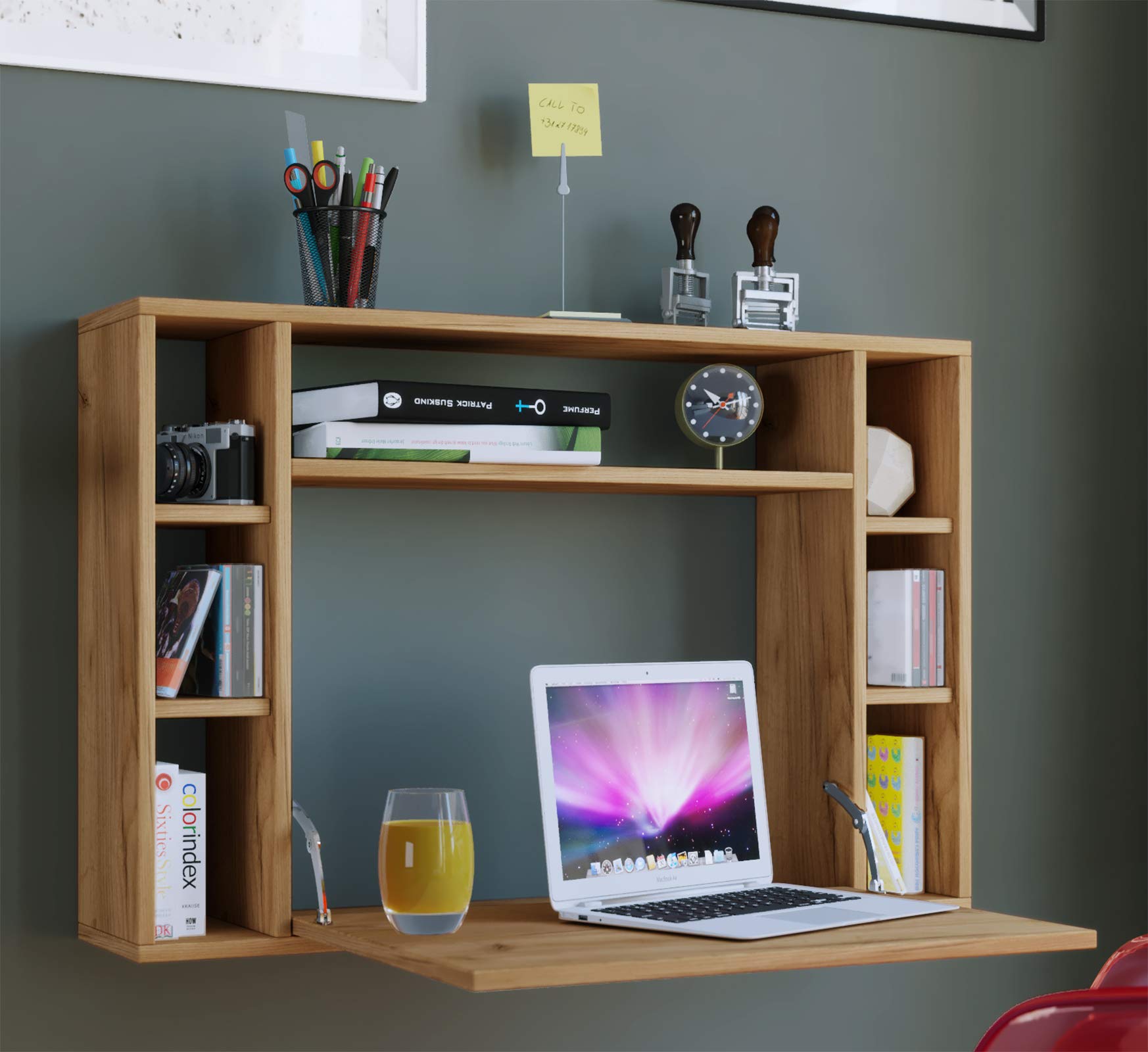 VCM Computertisch hängend | Klapptisch | Wandschreibtisch | Maße ca. H. 60 x B. 90 x T. 20 cm | Schreibtisch - Wandila Honig-Eiche