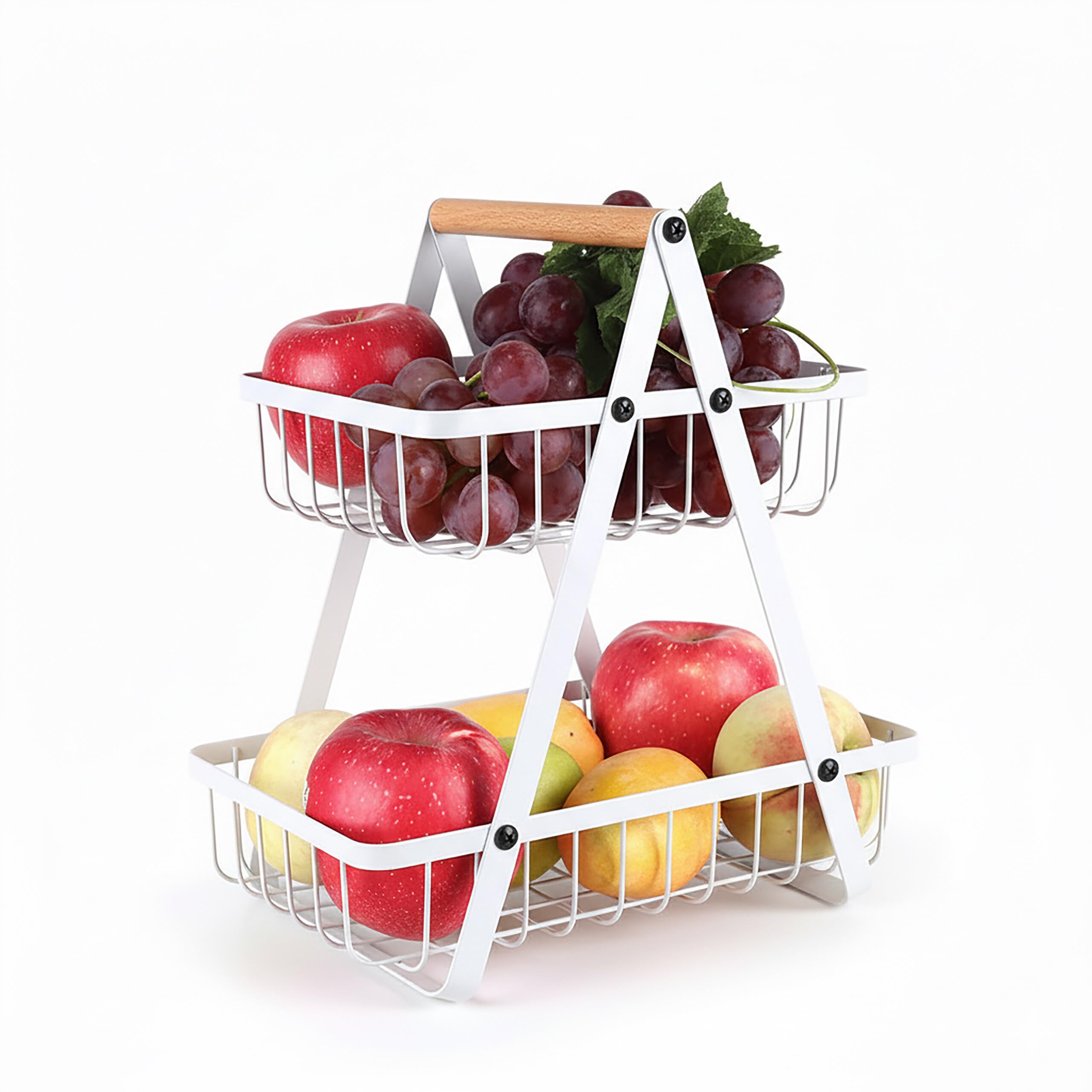 Relaxdays Fruit Bowl, 2-tier, metal, wooden handle, HxWxD: 34 x 26 x 17 cm, fruit & vegetables, open design, white