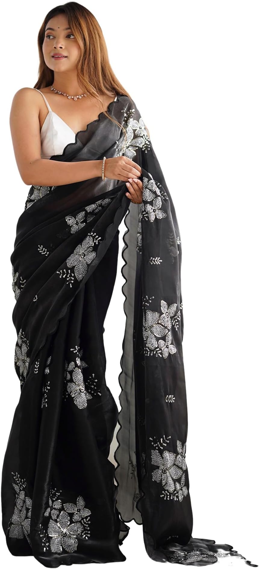 SIRIL Women's Shimmer Chiffon Sequence Embroidery Saree With Unstitched Blouse Piece