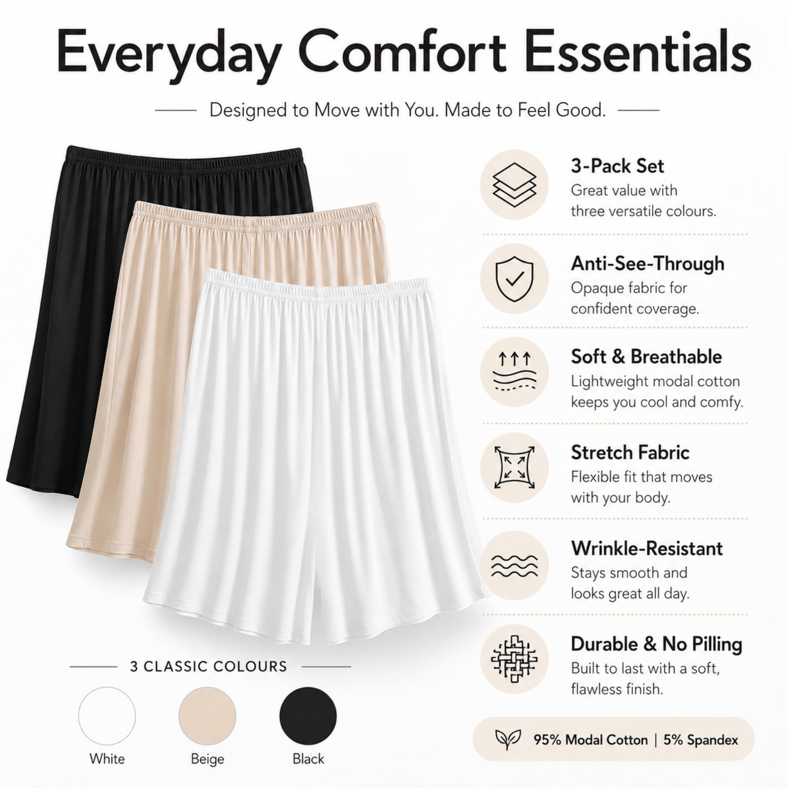 Runup Biancheria intima da donna in cotone modal a vita alta, pantaloncini anti-sfregamento, comodo, doppio scopo per il sonno e la protezione, in bianco, nero e color pelle, bianco, rosa, nero, L