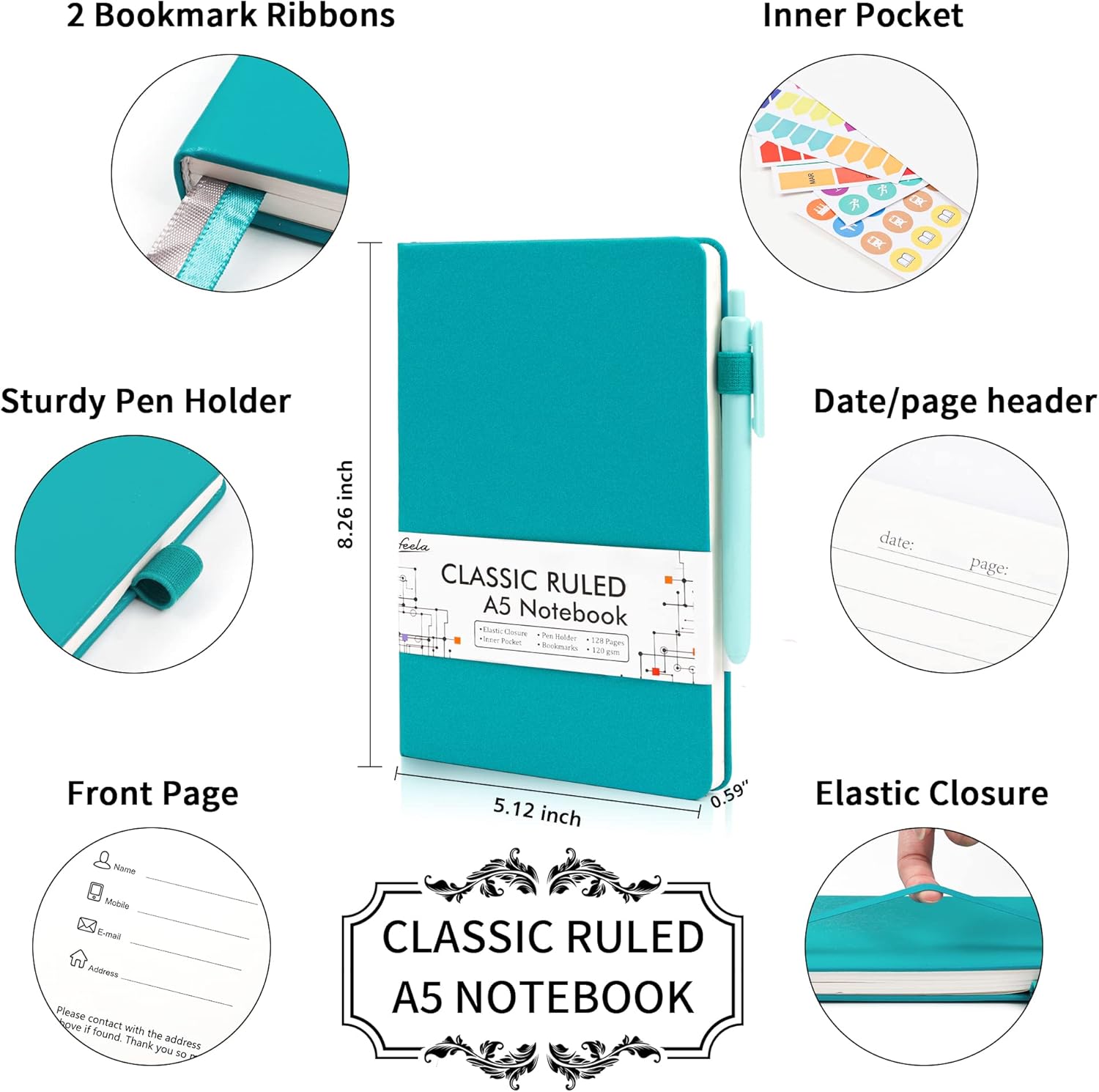 5 Pack Journal Notebook Bulk for School, Feela Hardcover Business Notebooks Classic Ruled Lined Journals with Pen Holder for Work Note Taking, with 5 Black Pens, 120 GSM, 5.1”x8.3”, A5, Emerald