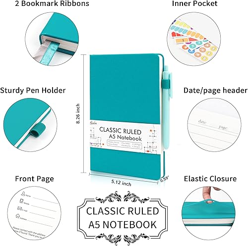 Miniatura 2 de Feela - Paquete de 5 cuadernos clásicos a rayas de tapa dura, A5, con soporte para bolígrafo y 5 bolígrafos negros, para escuela, negocios, diario,