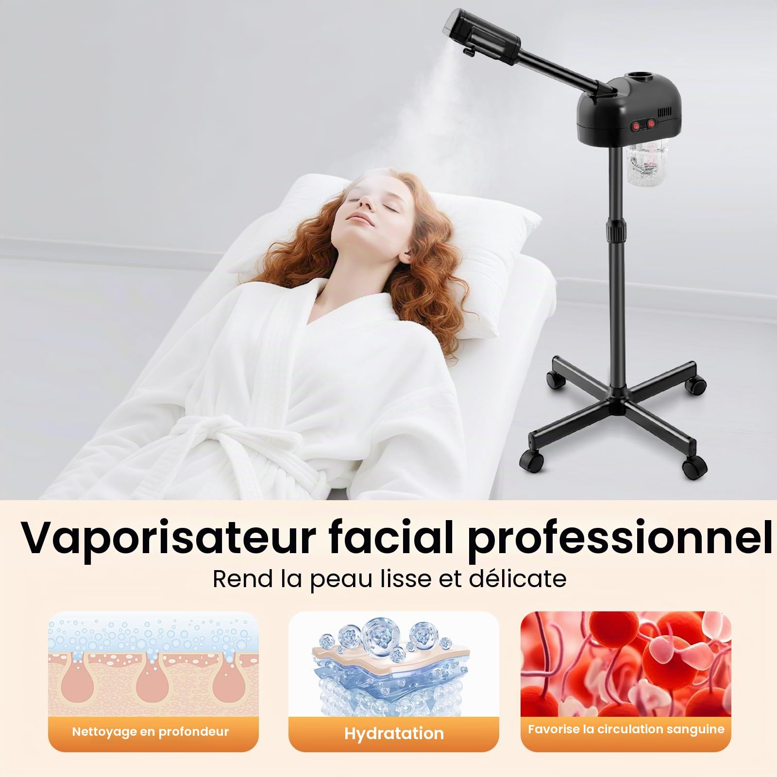 Vaporisateur 2 en 1 pour soin du visage - 800 W - Avec tige rétractable et buse à 360° - Hauteur réglable