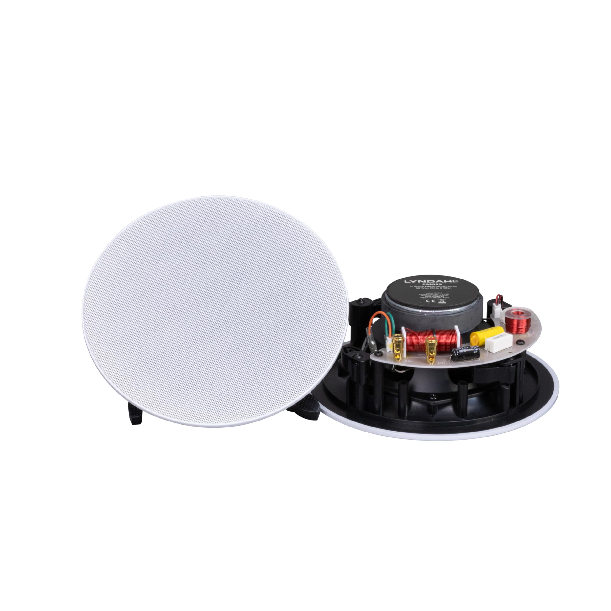 Lyndahl CS200S, 2-Wege-Deckenlautsprecher, 5,25" Glasfaser, 100 Watt, 8 Ohm, Rahmenlos, schwenkbarer Hochtöner, weiß, 2er-Set