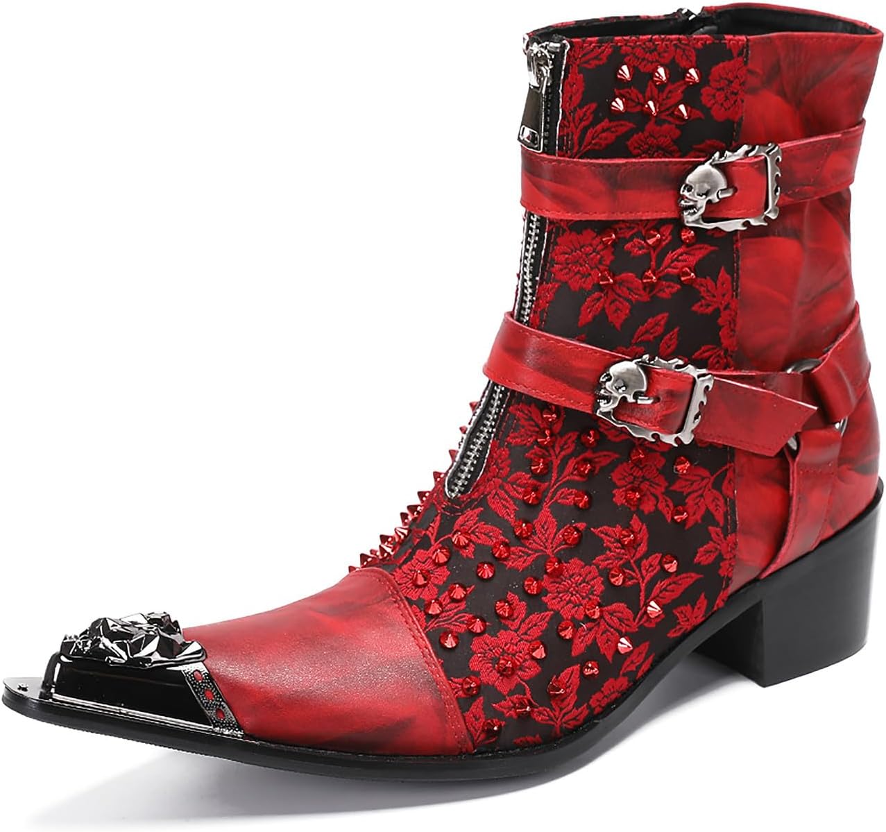 Santimon Mens Cowboy Boots Leather Party Dress Metal-Tip Toe Skeleton Button Chelsea Boots Men Fashion Casual Prom Ballroom Hight Top Western Boots for Boys