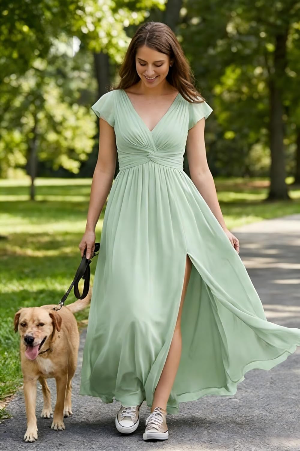 Women's Short Sleeve Bridesmaid Dress Long Chiffon A-line Pleated Maxi Formal Party Dress LE003 - Image 5