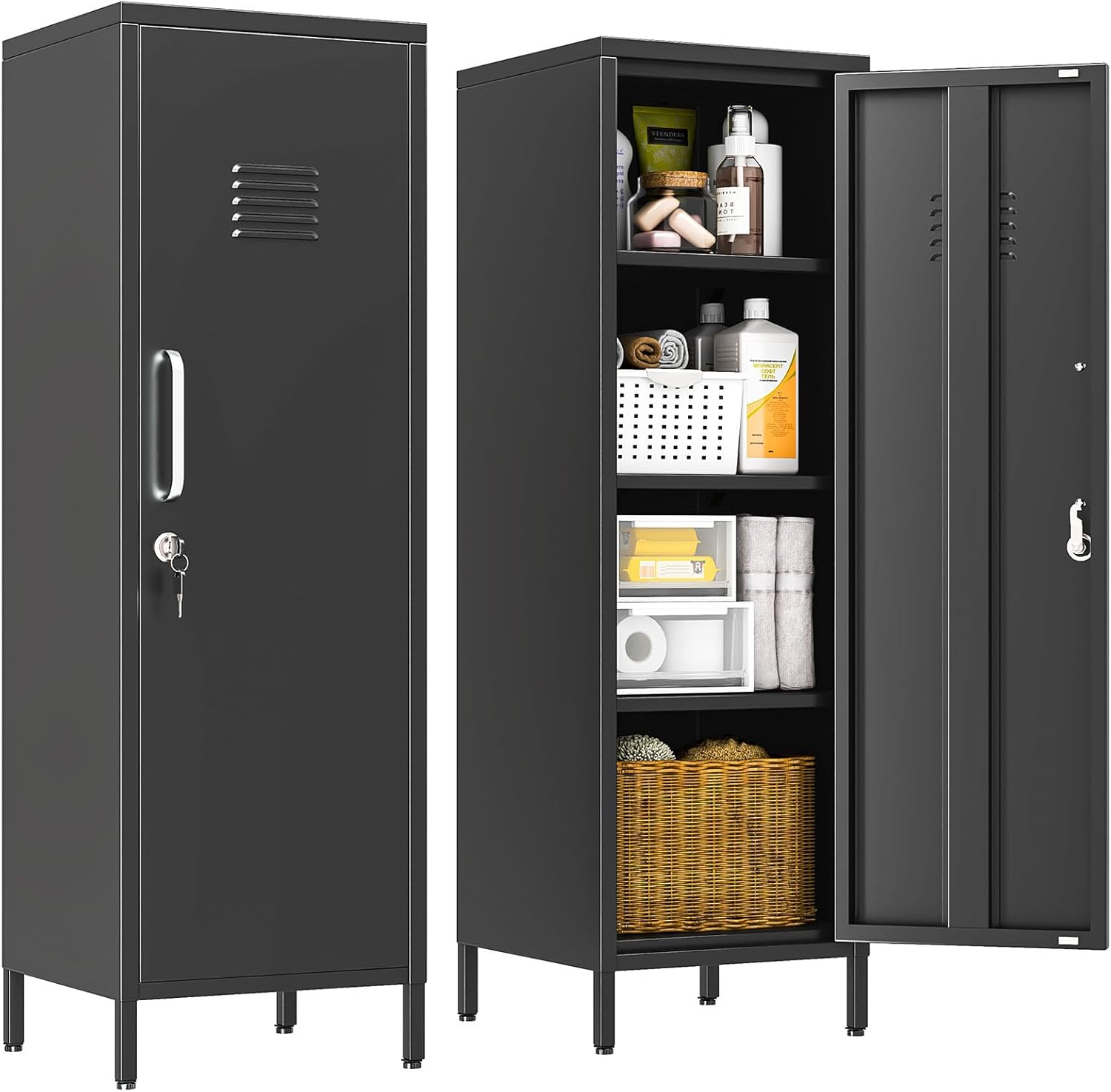 erosoei 47.24" H Metal Locker Storage Cabinet, Office Locker with 3 Adjustable Shelves, Steel Cabinet with 2 Doors, High Leg Organizer for Home Office, Kitchen, Living Room, Bedroom and Bathroom