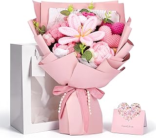 Crochet Flower Bouquet, Knitted Flowers, Pink Crochet Tulip & Roses Bouquet, Gift for Women, Valentine’s Day, Birthday, Anniversary, Mother’s Day, Wedding, Home Decor