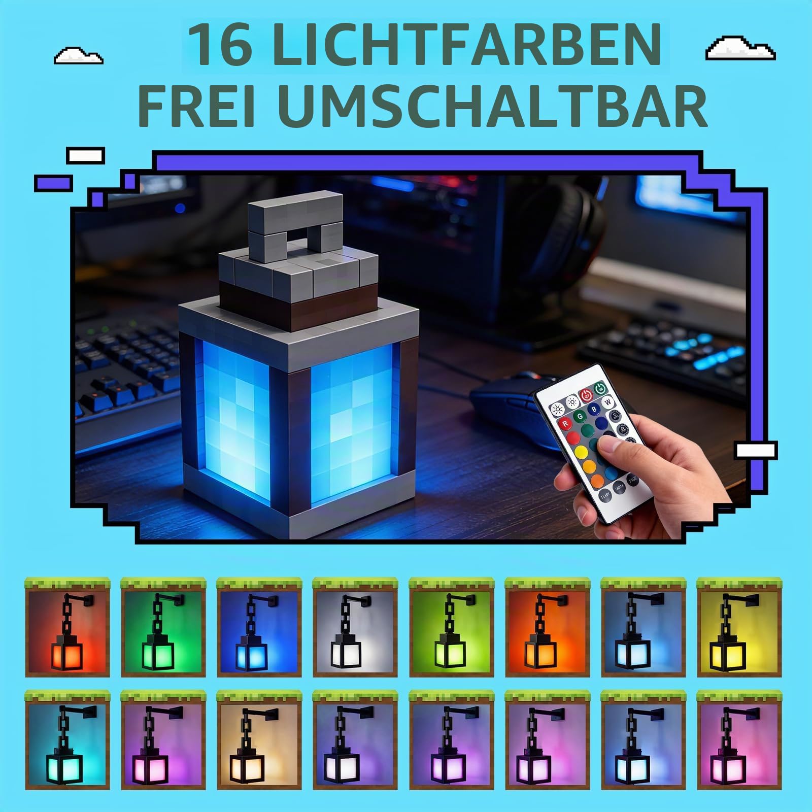RoserRose Pixelated Lantern Nachtlicht Mit Fernbedienung,Wall Fackel Nachtlicht,16 Farben Mit Fernbedienung & Dimmfunktion Für Schlafzimmer, Camping Und Gamer Geschenk