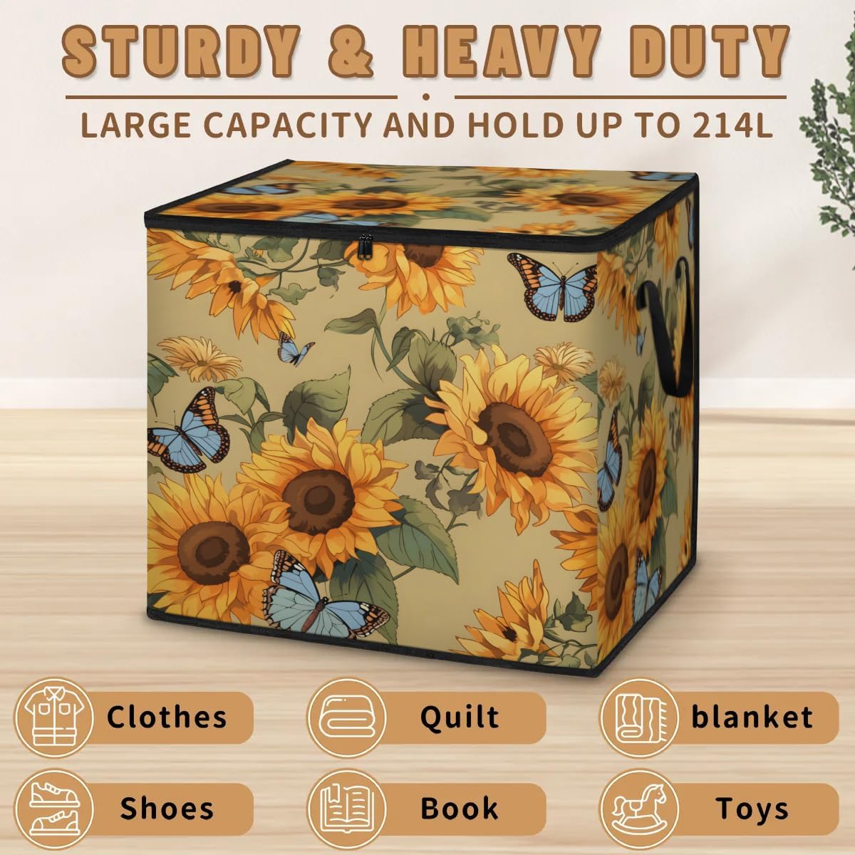 Honeybaby 214L Extra Large Comforter Storage Bag Butterfly Sunflower Prints Storage Totes with Lids Waterproof Closet Organizer Folding Blanket Storage Bags for Clothes Bedding Pillows