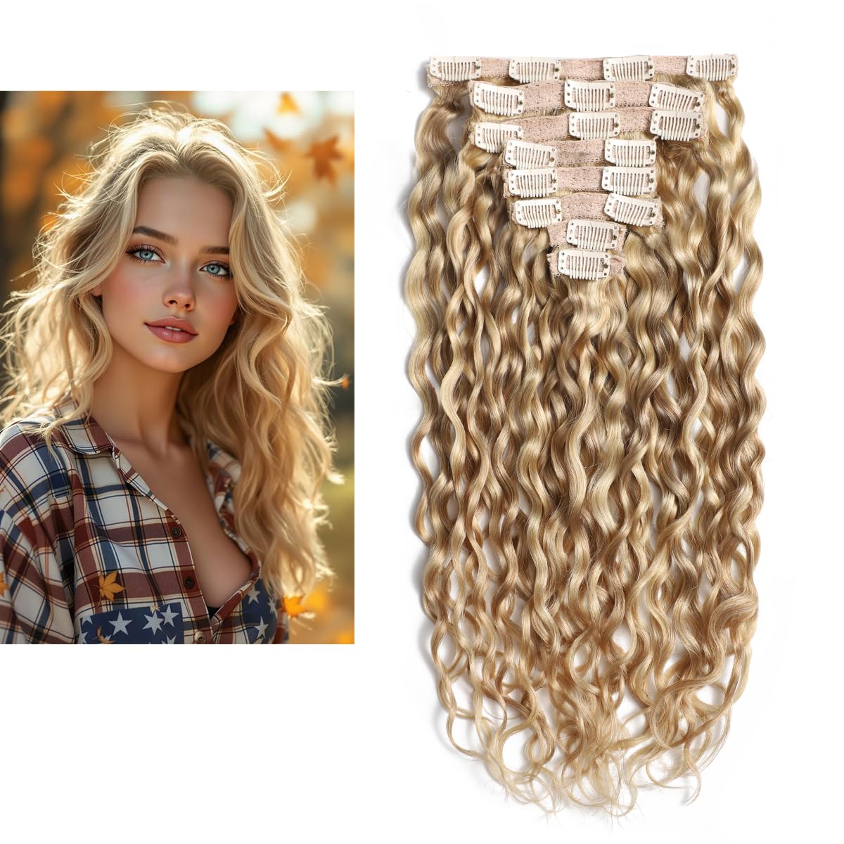 9A Echthaar Extensions Clip In Haarverlängerung Großes Lockiges, 100% Virgin Remy Human Hair Blond Highlights P27/613# 16inch/40cm