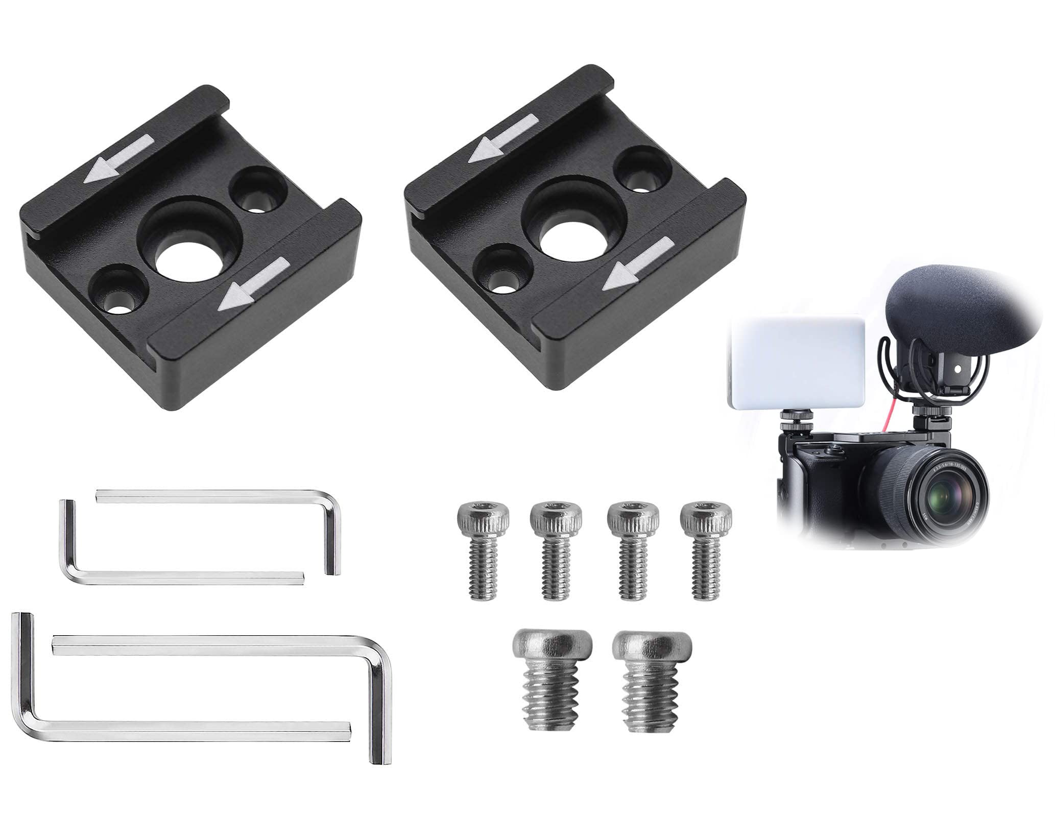DELFINO Cold Shoe Mount Adapter Brackets Universal with 1/4 Inch M2.5 Screws Wrench for Camera Cage Flash Microphone and Other Device 2Pcs