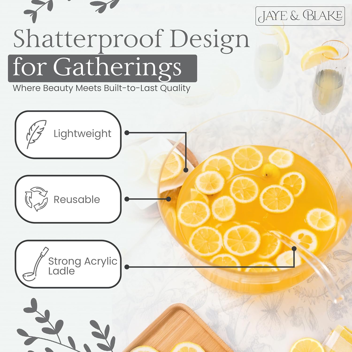 JAYE & BLAKE Premium Acrylic Punch Bowl with Ladle | 12”W x 6”H Clear Design Glass Like Quality & Durable Acrylic Bowls | 1.5 Gallon (6 quarts) Punch Bowl For Parties, Holidays, Schools, Halloween