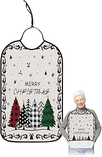 Adult Bibs for Elderly Women - Christmas Tree Waterproof Dining Clothing Protectors with Crumb Catcher for Eating/Feeding, Xmas Gifts Balls Winter Snowflake Rustic Terry Cloth Bib Machine Washable
