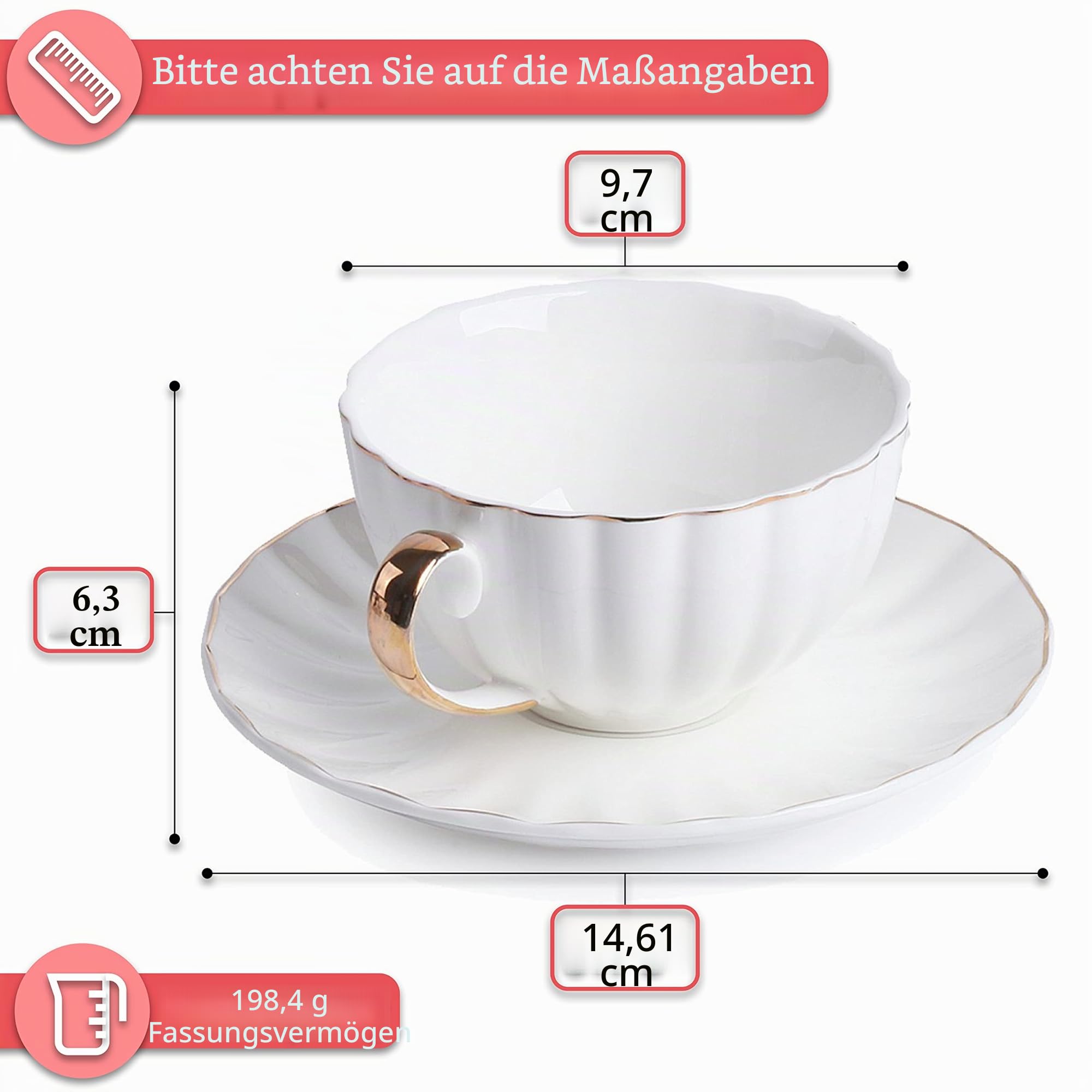 BTaT- Teetassen und Untertassen, 6er Set (200 ml) mit Goldrand und Geschenkbox, Cappuccinotassen, Kaffeetassen, weiße Teetassen Set, britische Kaffeetassen, Espressotasse, weiße Tasse | Kaffeetassen Set aus weißem Porzellan, spülmaschinenfest, ideal für M