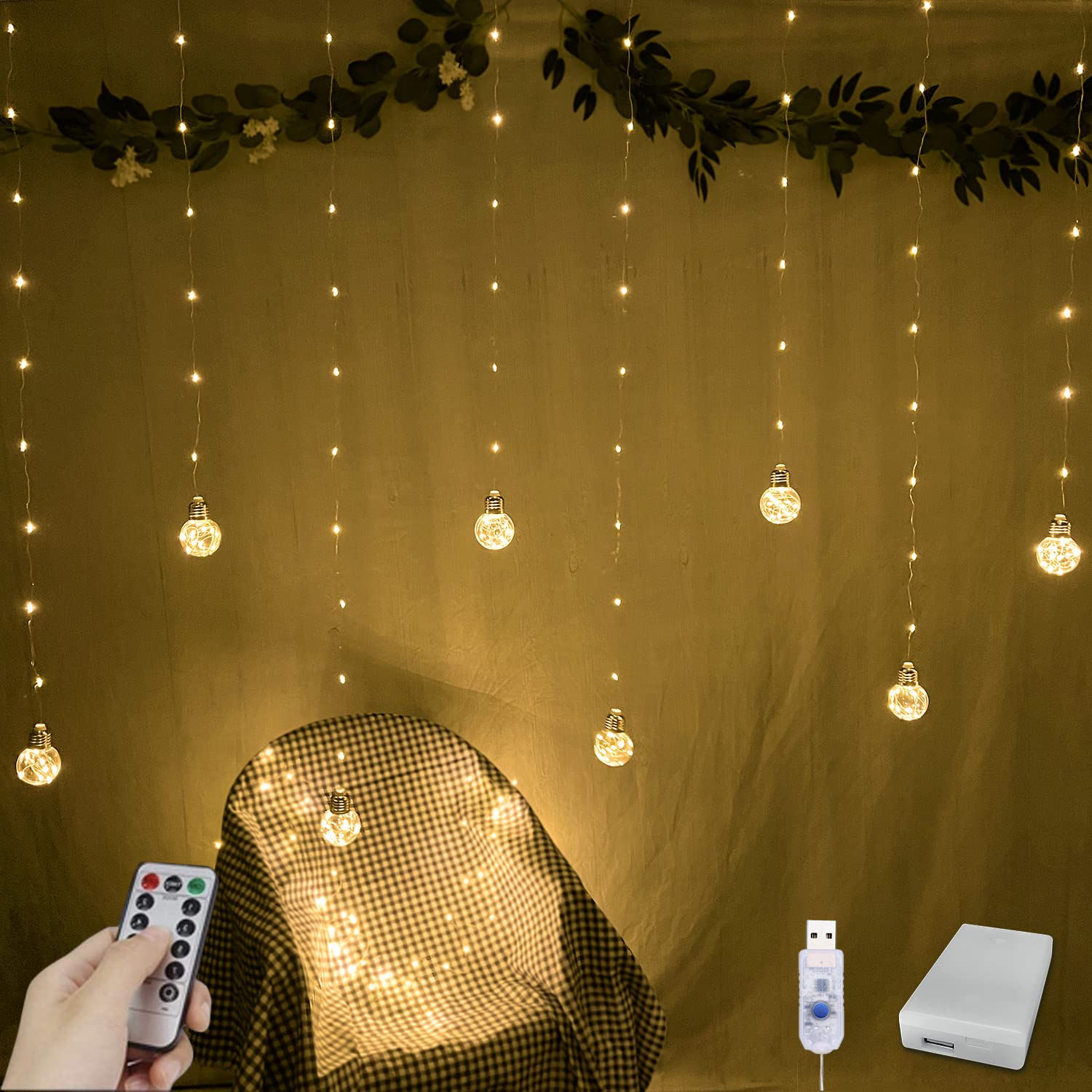 YOLIGHT Wishing Ball Curtain Lights 200 LED Window Curtain String Lights with Remote USB Battery Powered Twinkle Globe