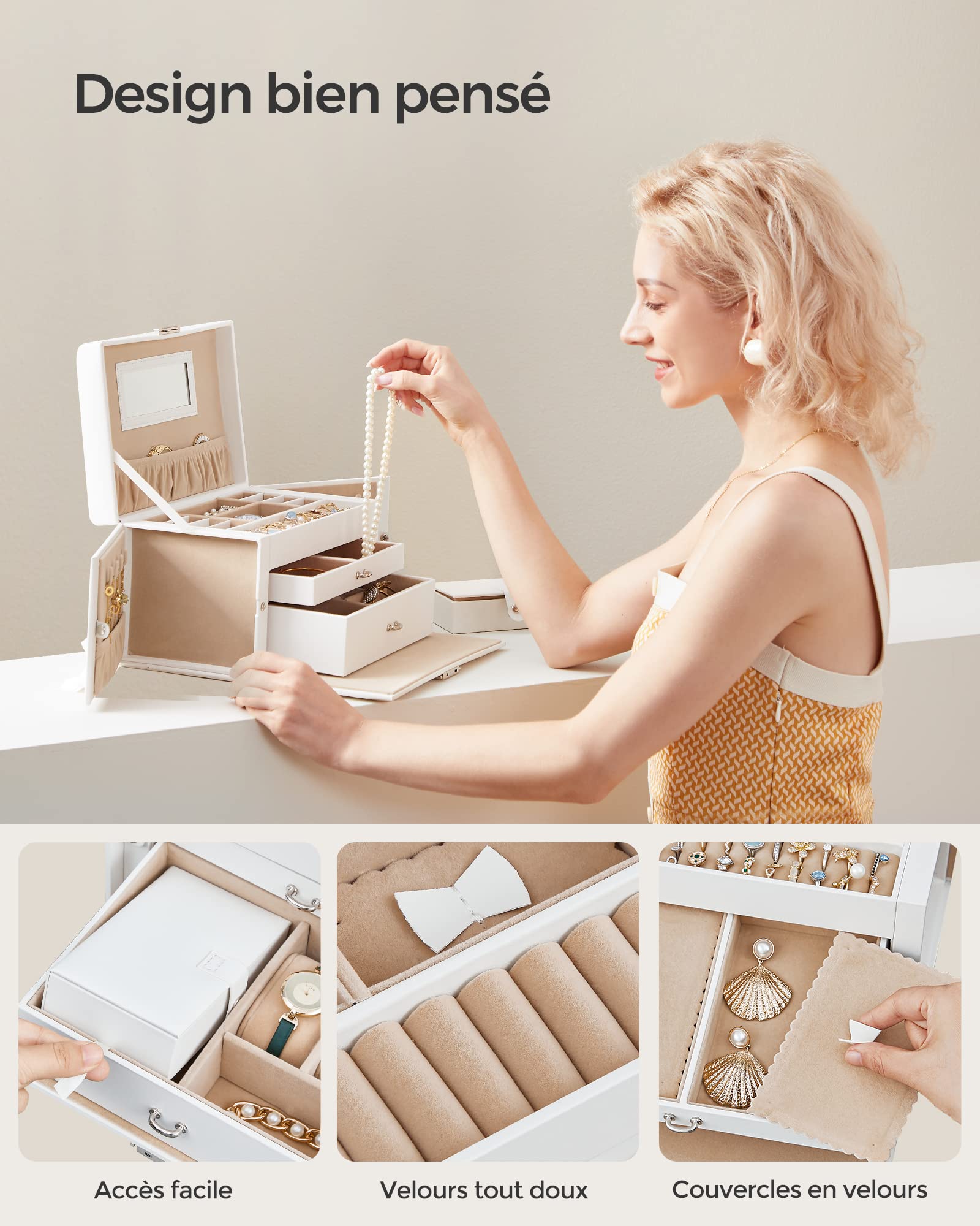 SONGMICS Boîte à Bijoux 3 Niveaux, Écrin 2 Tiroirs, Coffre de Rangement, avec Mini-boîte Portable, Poignées, Verrouillable, Revêtement en Blanc Classique et Doublure en Jaune Sable JBC121W